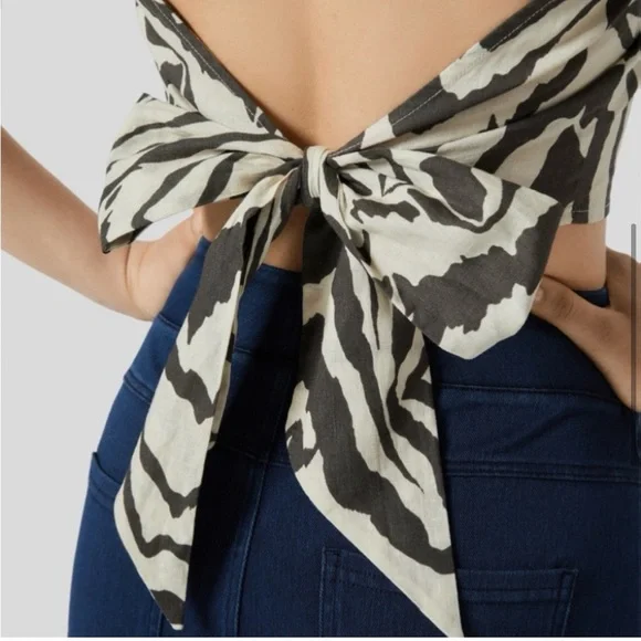 HALARA NWT Boho Beach Zebra Puff SLV Tie Back Square Neck Brown/Tan Crop Top XL - Picture 5 of 16